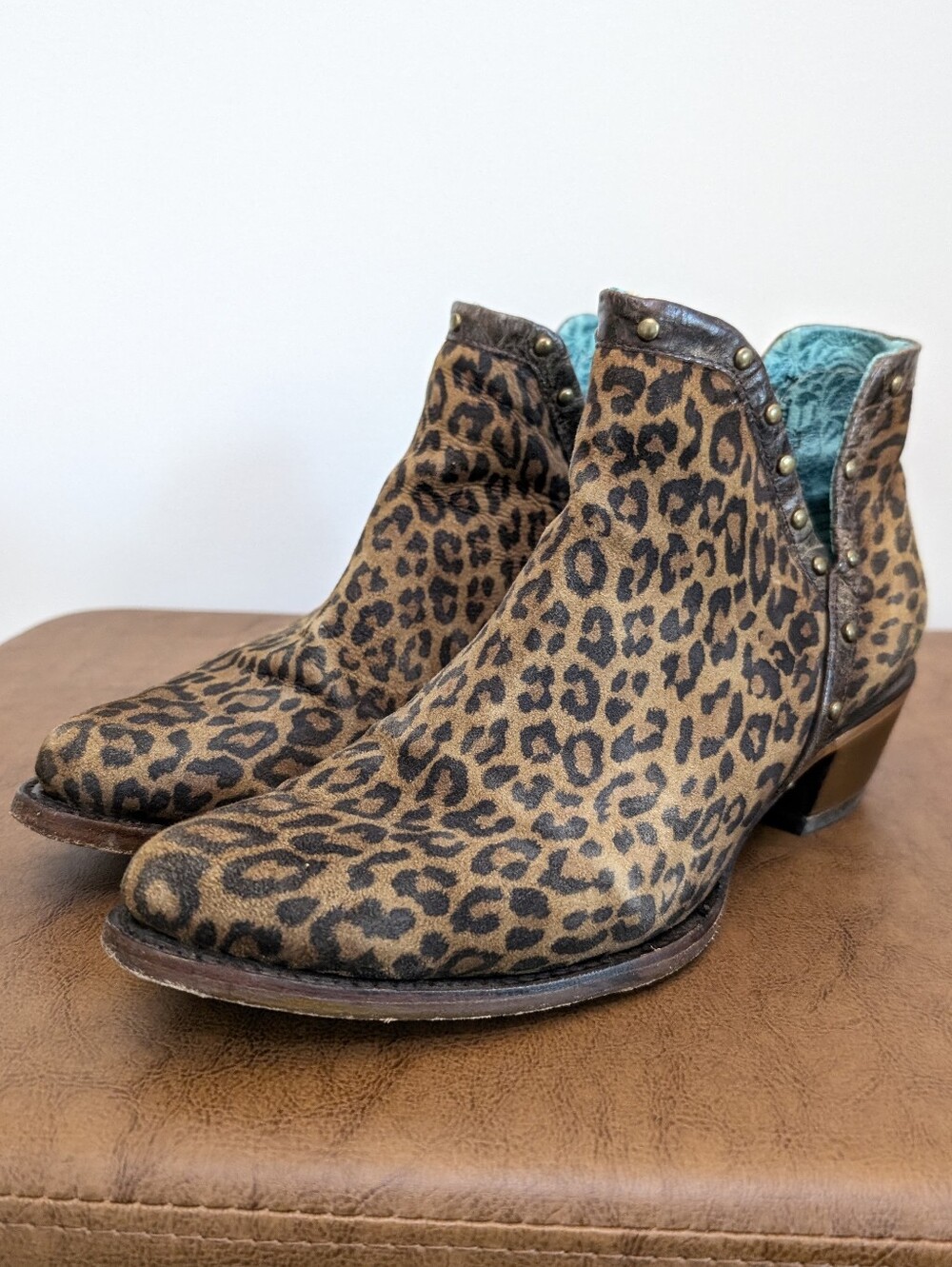 Corral Womens cheetah Cognac Brown Leather Studded Ankle Booties